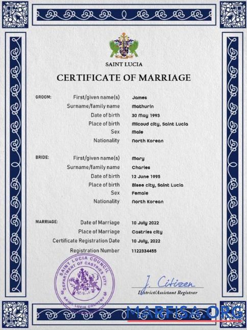 Realistic Saint Lucia marriage certificate PSD template